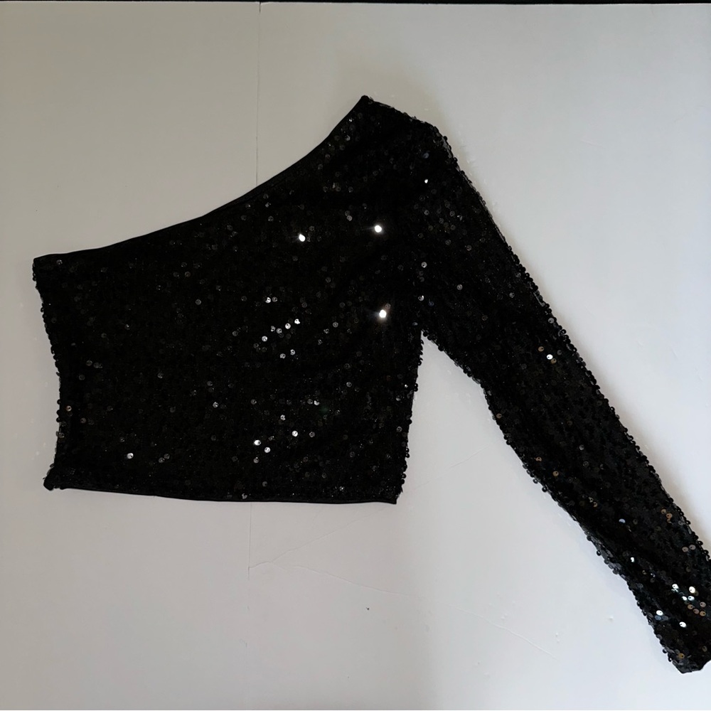 Black Sequin One-Shoulder Top. Going out top.